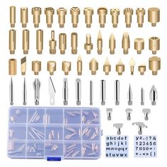 an assortment of screws and tools in a plastic case