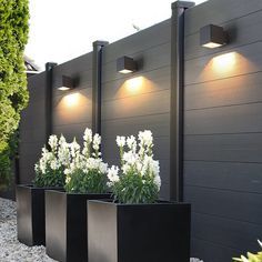 three black planters with white flowers in them next to a wall and bushes on the other side