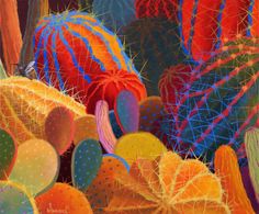 an abstract painting of colorful cactuses and cacti