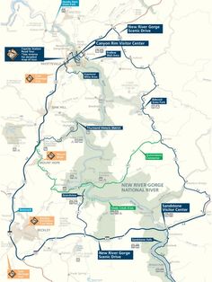 a map showing the location of several rivers in new river gorge national park and preserve