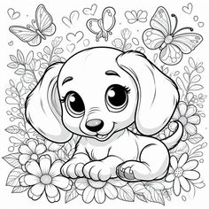 a cute puppy sitting on top of flowers with butterflies in the sky behind it, coloring page