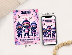 a cell phone next to a card that says calling all ninjas on the front and back