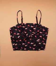 "-Made to Order- Many girls love crop top. Here it is in cute flamingo print! from Amordress:) Top Design: -Adjustable spaghetti straps style -fabric straps. -Back self-tied bow ✄ SIZE ✄ Top Size: S Bust 31\"-34\" M Bust 36\"-38\" L Bust 39\"-40\" XL Bust 41-43\" Top length is around 15\"-16\" depends on how much straps is adjusted. ✄ MATERIAL ✄ ●Cotton Fabric ●Polyester lining material. ♥ Matching pearl necklace/ affordable jewelry CLICK=> https://www.etsy.com/shop/Amordress?section_id=14993 Black Cropped Swimwear For Summer, Cute Black Summer Crop Top, Cute Black Crop Top For Summer, Black Palm Tree Print Top For Beach, Black Palm Tree Print Beach Top, Pink Cropped Top For Vacation, Summer Cotton Tops With Flamingo Print, Trendy Black Crop Top For Beach Season, Cotton Top With Flamingo Print For Summer