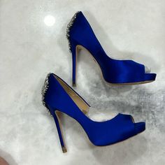 Badgley Mischka Royal Blue Satin Heels, Rhinestone Encrusted Back, Size 8. Worn Once For My Wedding. This Pop Of Blue Under My Wedding Gown Was Absolutely Gorgeous!! Comes In Original Box Blue Satin Heels, Heels Rhinestone, Badgley Mischka Shoes, Rhinestone Heels, Satin Heels, Blue Satin, Blue Rhinestones, Badgley Mischka, My Wedding