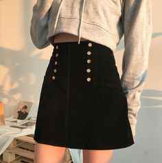 High Waist Button Velvet Black A-line Skirt Black A Line Skirt, Ripped Jeggings, Skirt A Line, Skirts Outfits, Button Up Skirts, Velvet Skirt, Cute Jeans, Black Women Fashion, Skirts And Dresses