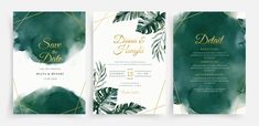 two wedding cards with green leaves and gold foil on the front, side and back