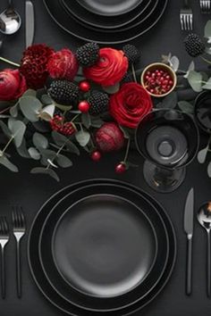 Romantic Dinner Set Up For Two, Christmas Black Table Settings, Black On Black Table Setting, Black White Red Table Setting, Gothic Dinner Table, Black Table Setting Ideas, All Black Table Setting, Black Tablecloth Decor, Black Christmas Table Setting