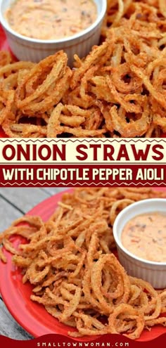 This easy appetizer recipe is the perfect addition to any football party! Deep fried until golden and crispy, these breaded onion straws are delicious. Serve this game day food with Chipotle Pepper Aioli dipping sauce and enjoy! Easy Holiday Party Appetizers, Onion Straws, Steak And Mashed Potatoes, Onion Strings, Easy Holiday Party, Holiday Party Appetizers, Small Town Woman, Hot Appetizers, Crispy Onions