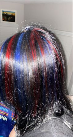 Black Colored Hairstyles, Dark Blue Hair Streaks, Red And Blue Highlights, Red Blue And Purple Hair, Blue Red Hair, Red And Blue Hair Ideas, Chunky Highlights Colorful, Red And Blue Streaks In Hair