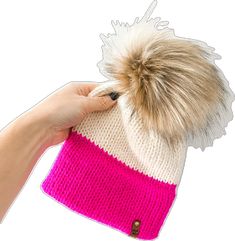 Knit Winter Hat, Faux Fur Pom Pom, Double Knit, Fur Pom Pom, Winter Knits, Double Knitting, Winter Hat, Knitting Projects, Bright Pink