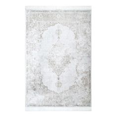 an antique rug with faded white and grey colors on the ground, in front of a white background