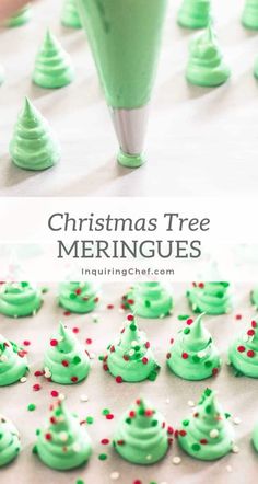 christmas tree meringues with green frosting and sprinkles on top