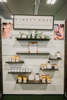 the shelves are filled with different types of soaps and body care products on display