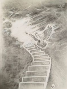 a pencil drawing of a bird flying over stairs