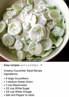 the recipe for creamy cucumber salad is shown