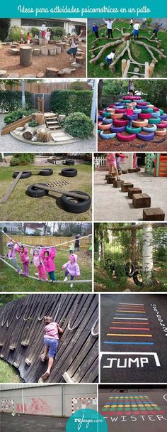 various pictures of children playing in an outdoor play area with slides, ramps and obstacles