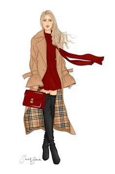 a drawing of a woman wearing a trench coat and holding a red purse with her hands in her pockets