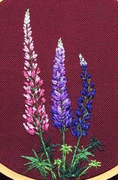 three different colored flowers in a vase on a red cloth with a gold circle frame