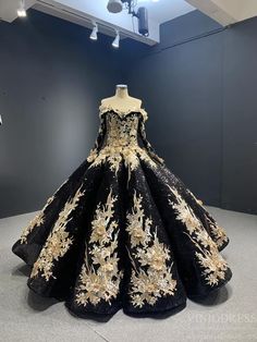 Vintage Black Wedding Dress FD1109 Off Shoulder Long Sleeves – Viniodress Black And Gold Gown, Masquerade Ball Gown, Sweet 15 Dresses, Black Gold Wedding, Long Sleeve Ball Gowns, Princess Prom Dresses, Gold Wedding Dress, Prom Girl Dresses, Black Princess