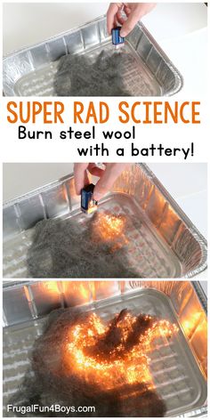 How to Burn Steel Wool with a 9 Volt Battery - Frugal Fun For Boys and Girls Fun Chemistry, Stem Club, Summer Science, Kid Science, 9 Volt Battery, Chemistry Experiments, Science Party