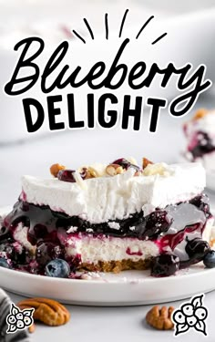 blueberry delight cheesecake on a white plate