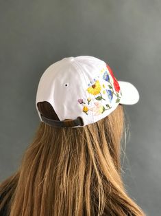 Hand embroidered hat custom embroidered hat floral | Etsy Spring Cotton Snapback Hat For Beach, Spring Cotton Snapback Cap, White Snapback Hat With Curved Visor For Summer, White Curved Visor Snapback Hat For Summer, Casual Hand Painted Hat, One Size Fits Most, White Embroidered Trucker Hat For Summer, Casual Hand Painted Hat, White Embroidered Logo Trucker Hat For Summer, Summer Brimmed Cotton Trucker Hat