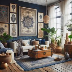 a living room filled with furniture and lots of plants in vases on the wall