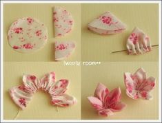 four pictures of different types of fabric flowers