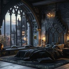 a gothic bedroom with an arched window and large bed in front of a castle like building