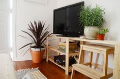 a flat screen tv sitting on top of a wooden shelf next to a potted plant