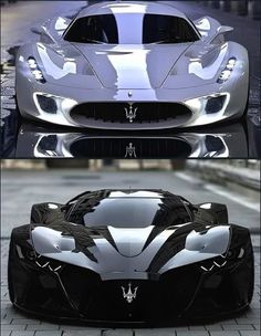 the front and side view of a silver sports car