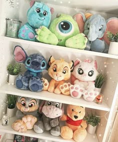 the shelves are filled with stuffed animals and plants