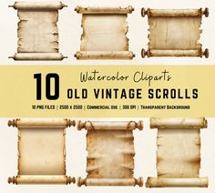 old vintage scroll set with 10 watercolor clipart elements for photoshopping and texturing