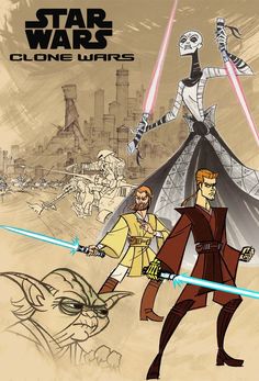 star wars clone wars poster with two characters in the foreground and an image of darth vader on the background