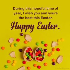 an easter card with candy and candies in the shape of eggs on a yellow background