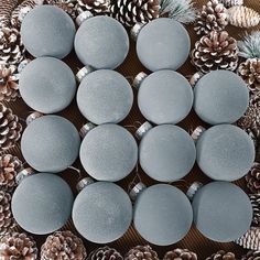 several round gray stones surrounded by pine cones