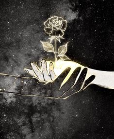 a drawing of a hand holding a rose with gold foil on it's fingers