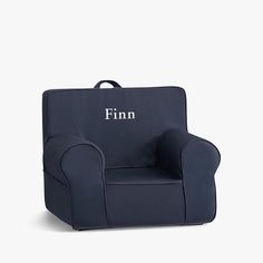 a blue chair with the word finn on it