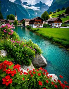 flowers are blooming in front of the water and houses with mountains in the background