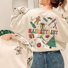 Christmas Hairstylist Sweatshirt, Hair Stylist Shirt, Christmas Hair Dresser Shirt, Xmas Gift For Hairdresser, Santa's Favorite Hair Stylist Note: For Different Color From Colors List Please "Message us or leave a note" MATERIAL UNISEX T-SHIRT - Medium fabric (5.3 oz/yd² (180 g/m - Classic fit - Runs true to size - 100% cotton (fiber content may vary for different colors) - Tear-away label UNISEX SIZING CHART Small: Length 28" - Width 18" (4-6) Medium: Length 29" - Width 20" (6-10) Large: Length 30" - Width 22" (10-14) XL: Length 31" - Width 24" (14-18) 2XL: Length 32" - Width 26" (18-20) 3XL: Length 33" - Width 28" (20-22) All measurements are approximations. Shirts may be within 1" of the dimensions listed The shirts were measured laying on a flat surface, side to side and top to bottom. Instructor Appreciation Gifts Hairstylist, Gifts For Hairstylist, Gift For Hairdresser, Christmas Hair, Hair Dresser, Ugly Christmas, Medium Length, Hair Stylist, Unisex T Shirt