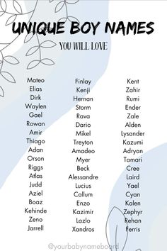 the unique boy names you will love are in this printable poster for your child's room