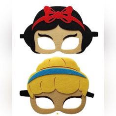 two felt masks with bows on them, one in the shape of a woman's head