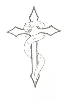 a cross with a snake on it and an arrow in the middle is drawn by hand