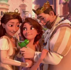 the princess and the frog are standing next to each other in front of a crowd