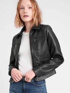 Vegan Leather 4-Pocket Jacket | Banana Republic Leather Looks, Banana Republic, Vegan Leather, Leather Jacket, Collar, Leather