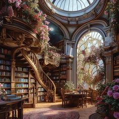 the interior of a library with flowers and bookshelves on either side of the spiral staircase