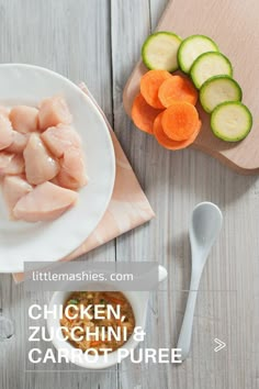 chicken, zucchini and carrots on a white plate next to cucumbers