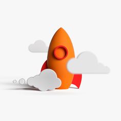 an orange rocket with clouds around it on a white background that appears to be floating in the air