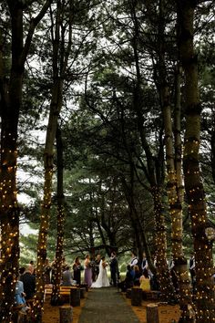 a wedding ceremony in the woods with fairy lights strung up on trees and people walking down the aisle