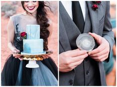 a man in a tuxedo holding a blue wedding cake